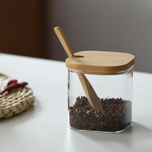 Load image into Gallery viewer, Set of 3 Glass Spice Jars with Bamboo Lids and Spoon on a Bamboo Tray - 350ml - Square
