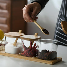 Load image into Gallery viewer, Set of 3 Glass Spice Jars with Bamboo Lids and Spoon on a Bamboo Tray - 350ml - Square
