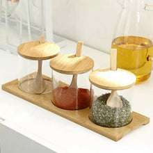 Load image into Gallery viewer, Set of 3 Glass Spice Jars with Bamboo Lids and Spoon on a Bamboo Tray - 350ml
