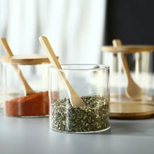 Load image into Gallery viewer, Set of 3 Glass Spice Jars with Bamboo Lids and Spoon on a Bamboo Tray - 350ml
