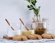 Load image into Gallery viewer, Set of 3 Glass Spice Jars with Bamboo Lids and Spoon on a Bamboo Tray - 350ml
