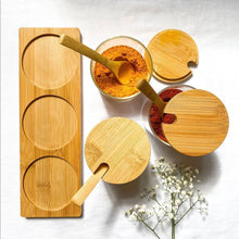 Load image into Gallery viewer, Set of 3 Glass Spice Jars with Bamboo Lids and Spoon on a Bamboo Tray - 350ml
